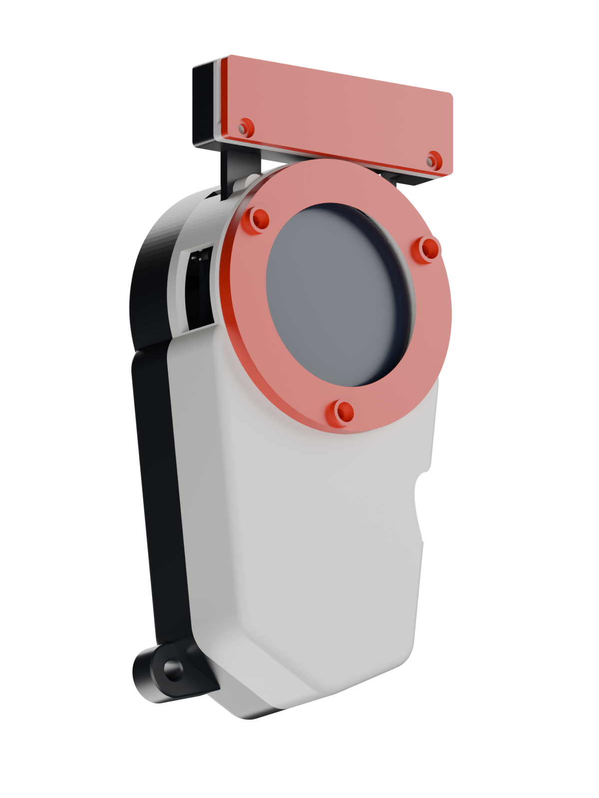 CAD render of the C14-P19 touch-only enclosure with a white front, black rear and red accents