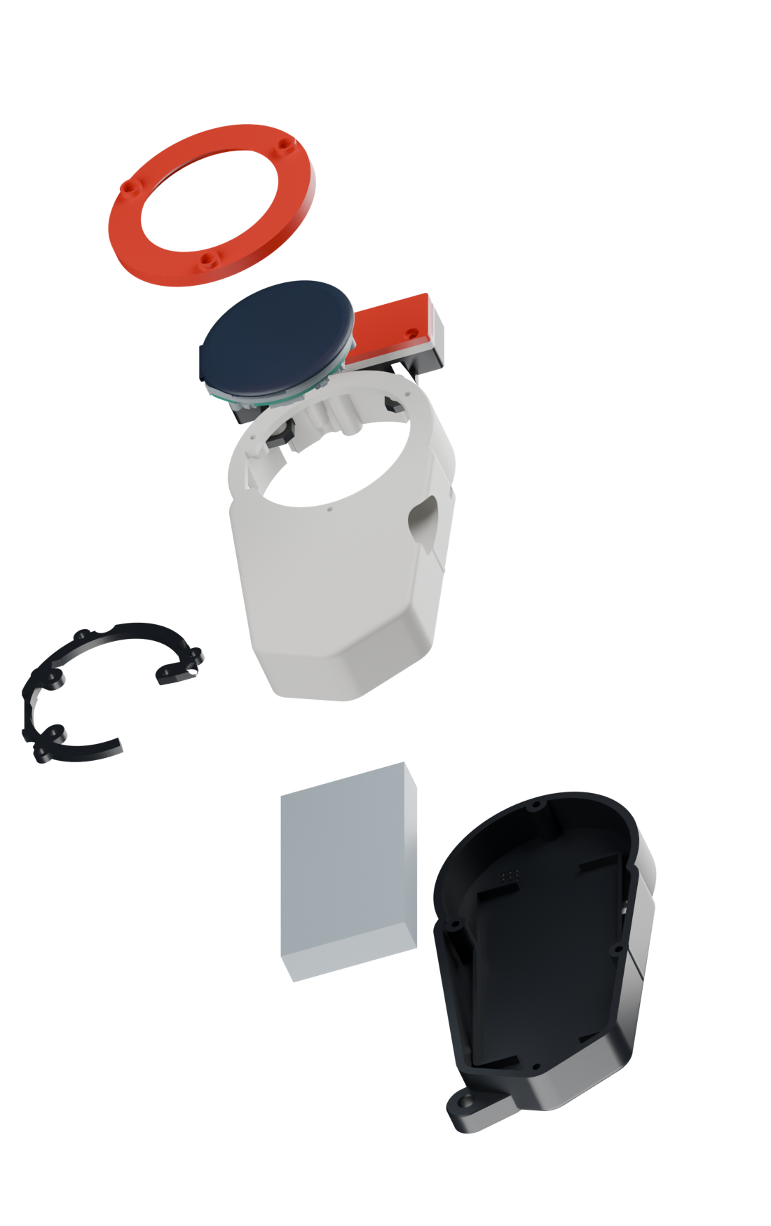 Exploded C14-P19 touch-only enclosure with current printed parts and electronics reference geometry
